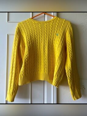 💛 EUC Ralph Lauren Bright Yellow Cable Knit Crewneck Sweater Size Medium